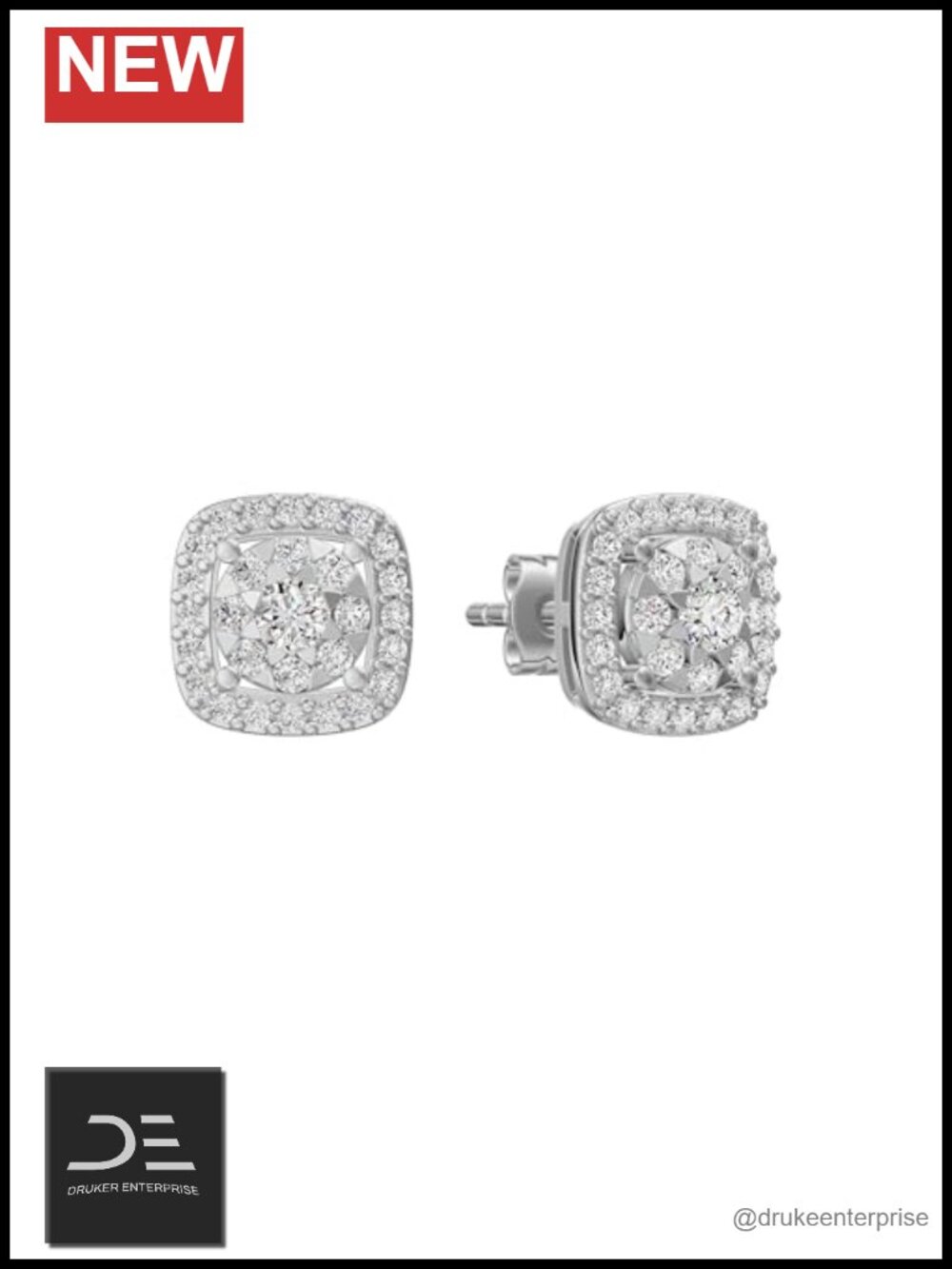 Geometric Cushion Cluster Diamond Stud Earrings in Rhodium-Plated Sterling